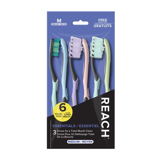 Essentials Medium Toothbrush, 6 Count with 5 Covers