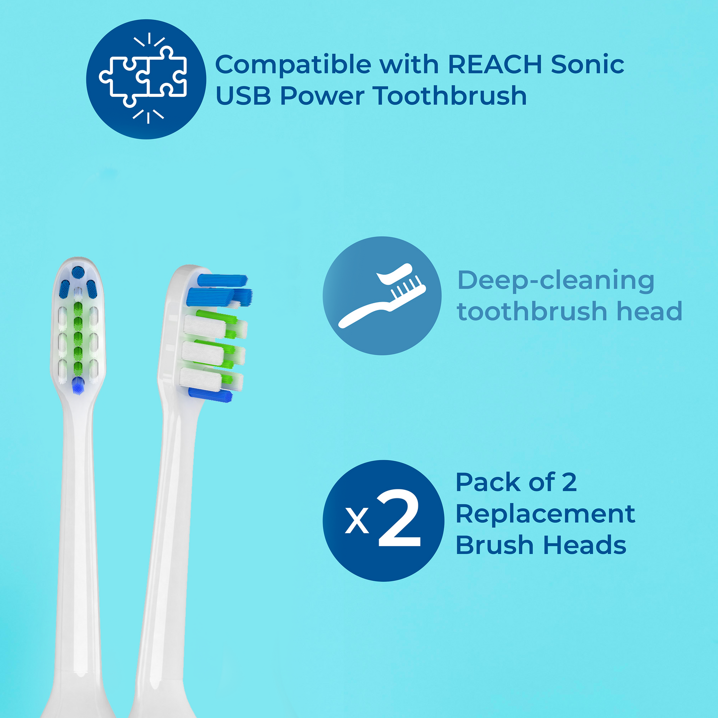 Compatible with REACH Sonic USB Power Toothbrush, Deep-cleaning toothbrush head, Pack of 2 Replacement Brush Heads