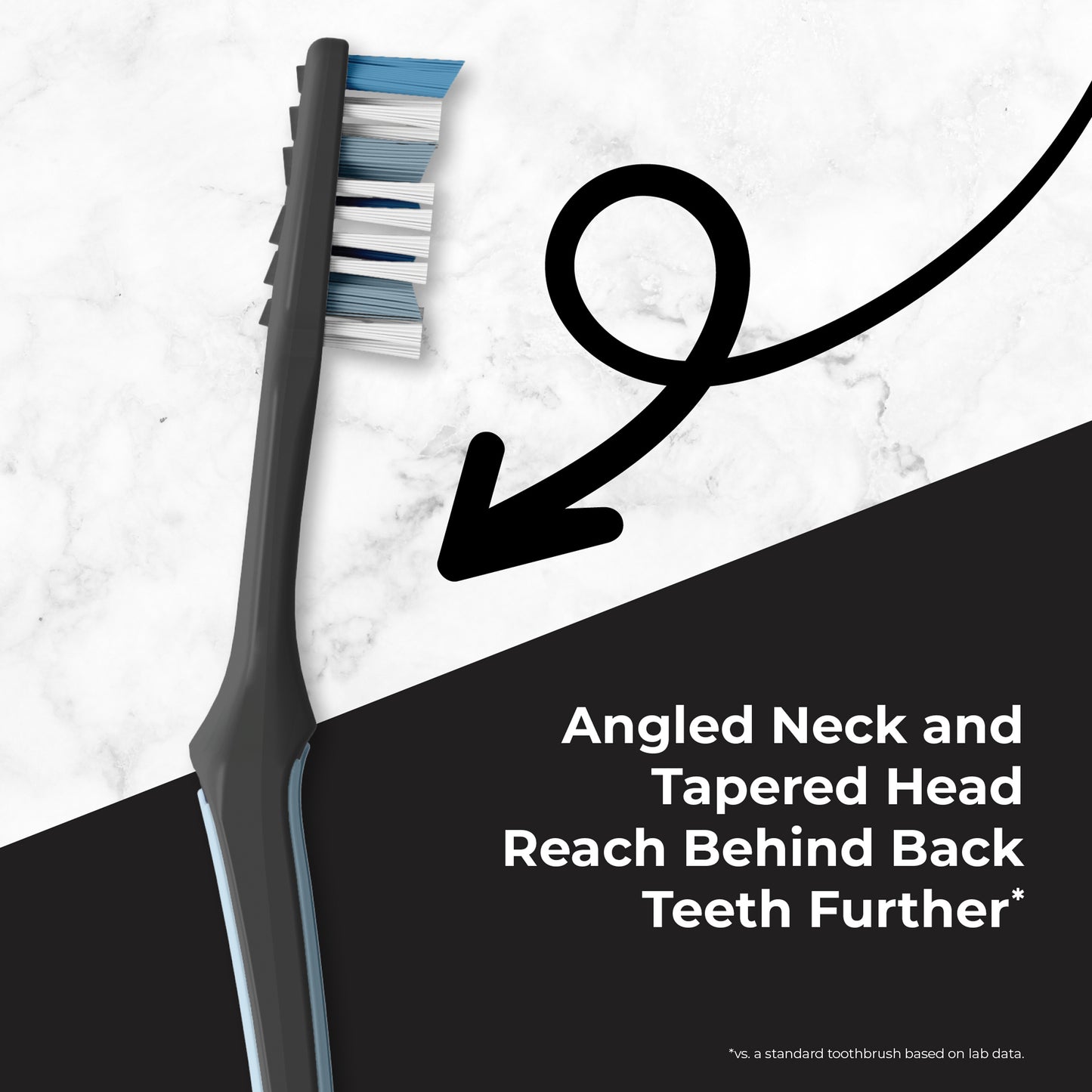 Angled neck and tapered head Reach behind back teeth further