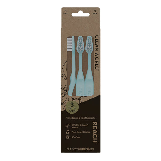 Clean World Plant-Based Toothbrush, Soft Plant-Based Bristles, 3 Count