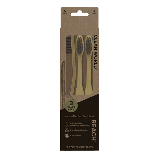 Clean World Natural Bamboo Toothbrush, Soft Plant-Based Bristles, 3 Count