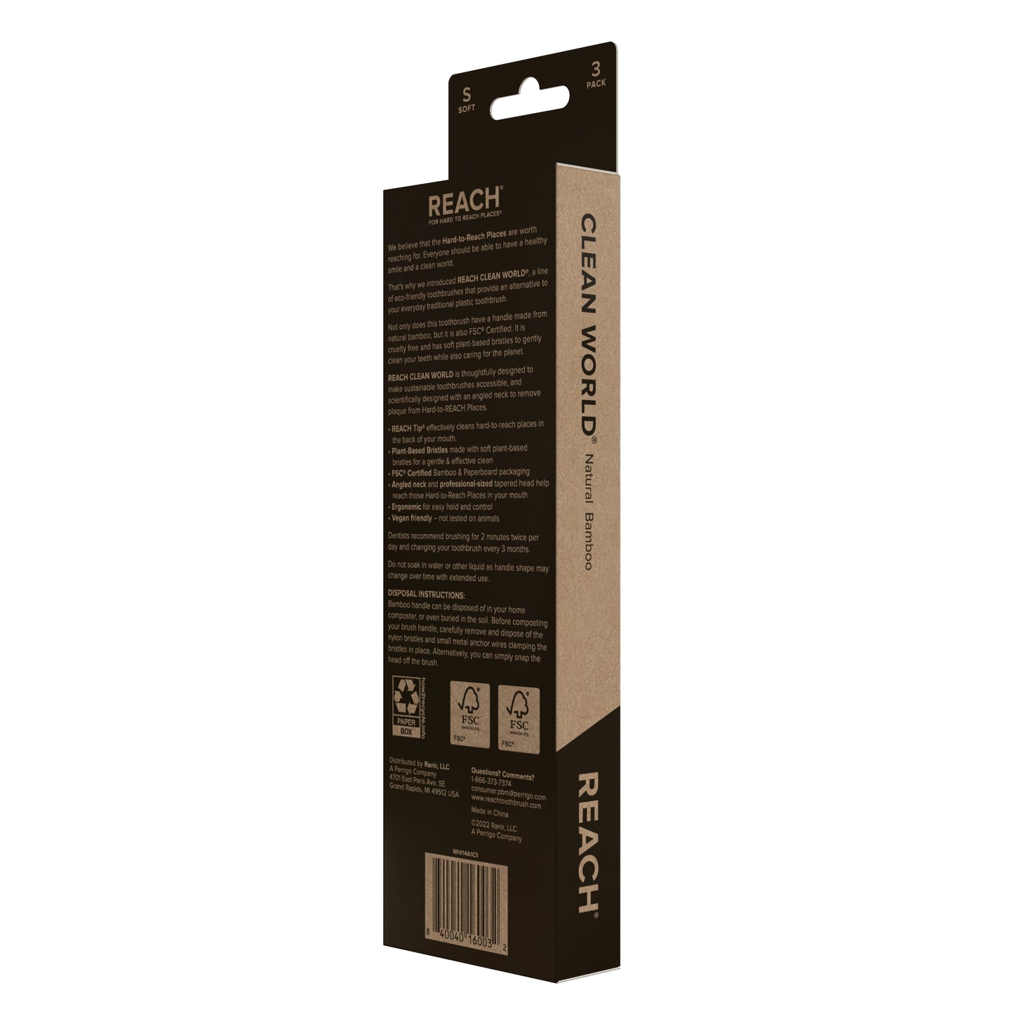 Clean World Natural Bamboo Toothbrush, Soft Plant-Based Bristles, 3 Count