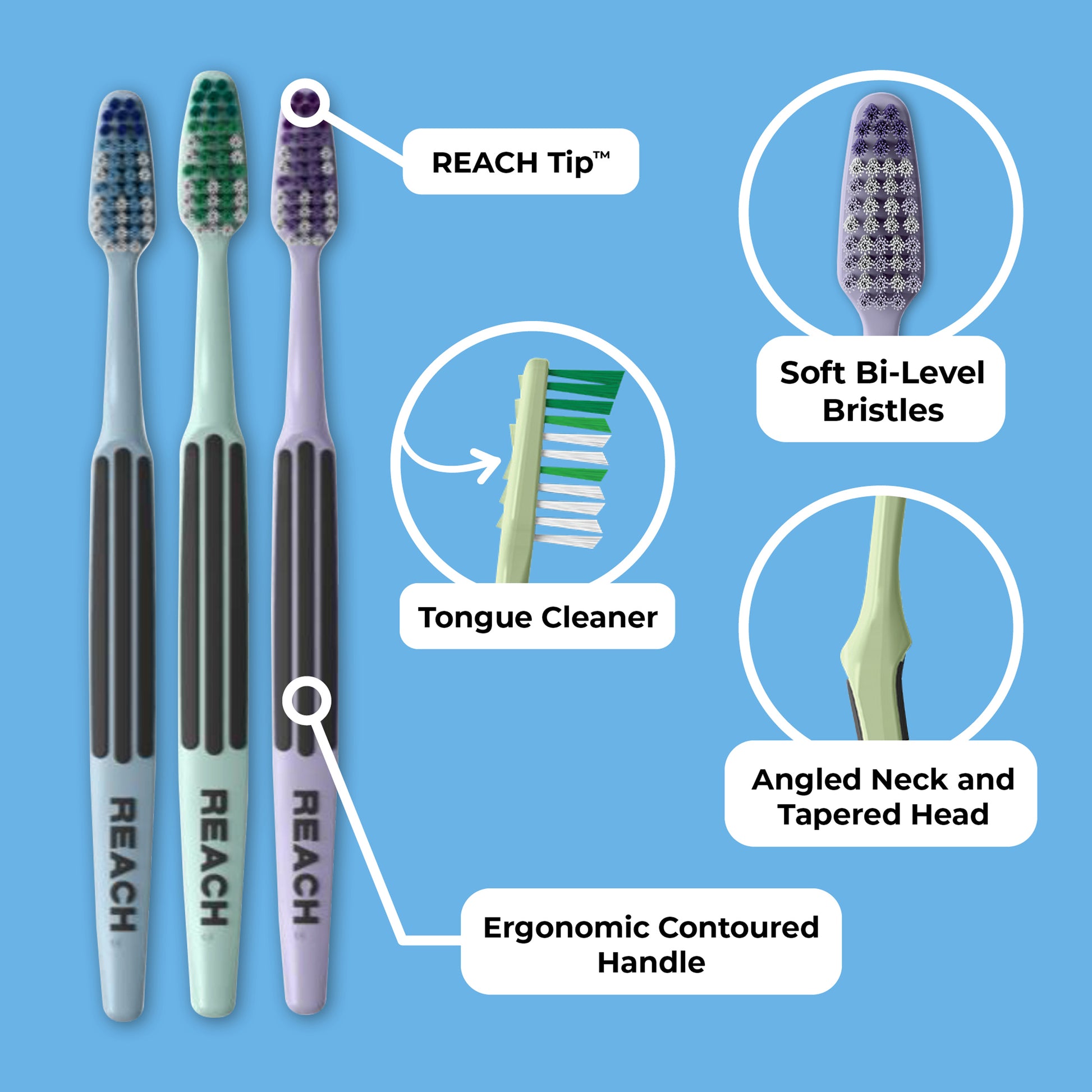 Reach Tip, Firm multi-level bristles, tongue cleaner, angled neck and tapered hReach Tip, soft multi-level bristles, tongue cleaner, angled neck and tapered head, ergonomic contoured handle, ergonomic contoured handle