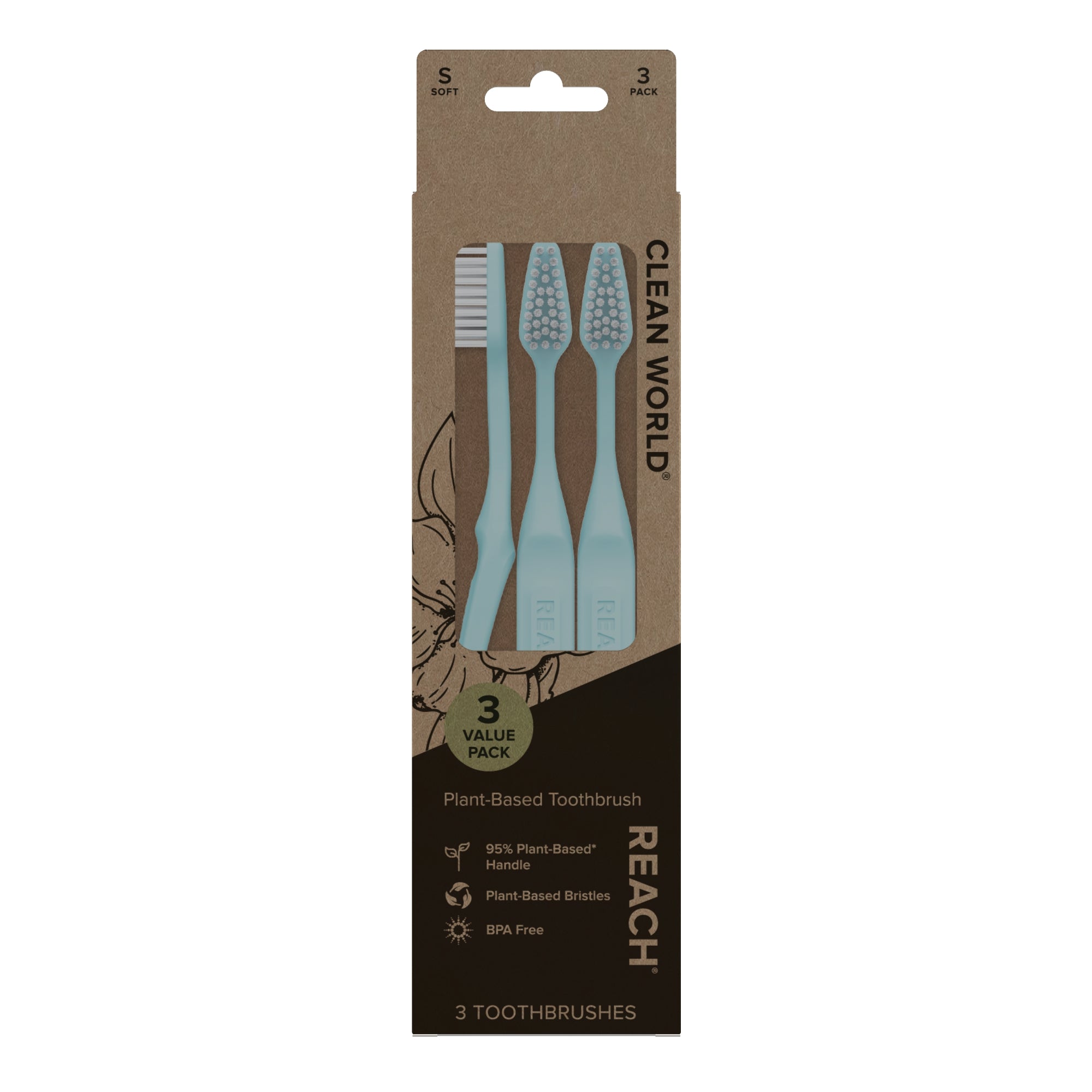 Clean World Plant-Based Toothbrush, Soft Plant-Based Bristles, 3 Count ...