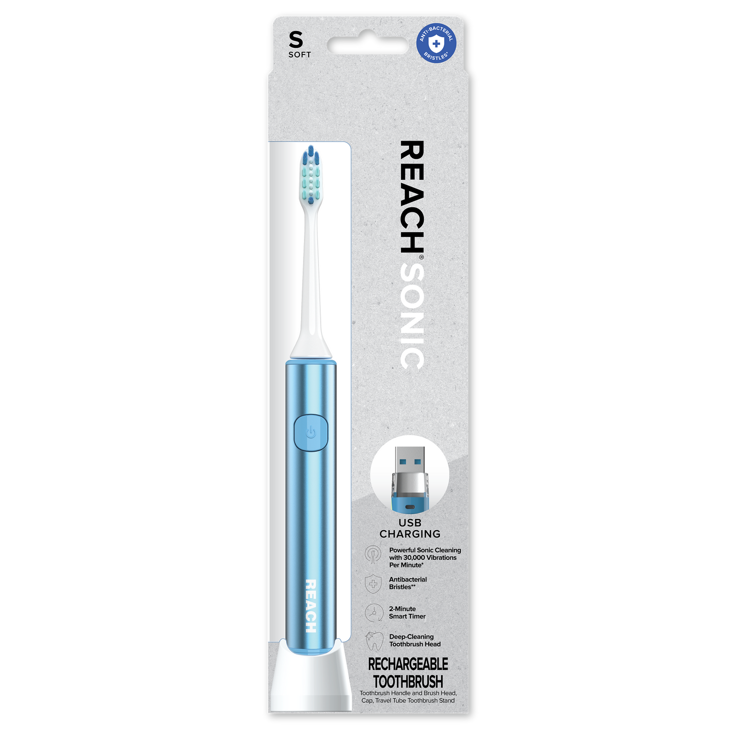 Reach Sonic USB Electric Soft Toothbrush with Brush Head, Cap, Travel Case, Stand