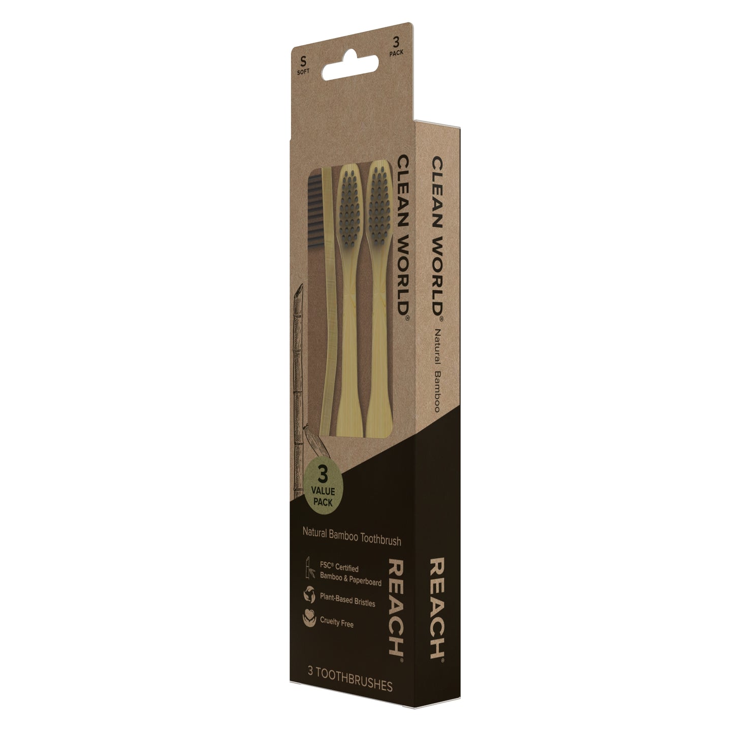 Clean World Natural Bamboo Toothbrush, Soft Plant-Based Bristles, 3 Count