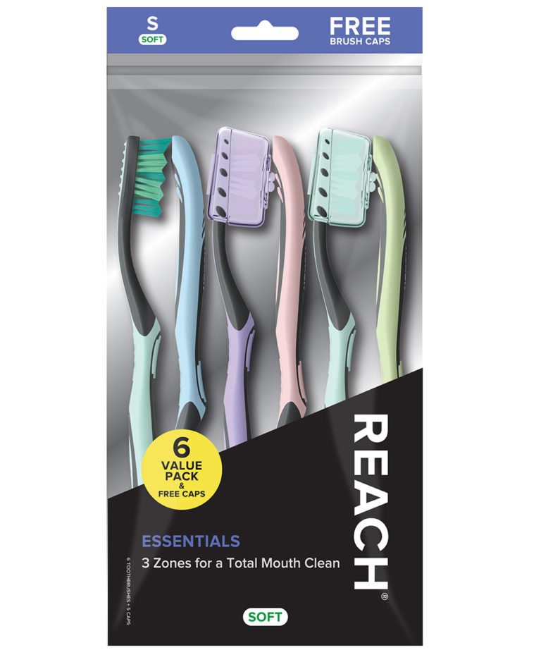 REACH Essentials Toothbrush with Soft Bristles and Toothbrush Caps, 6 Count